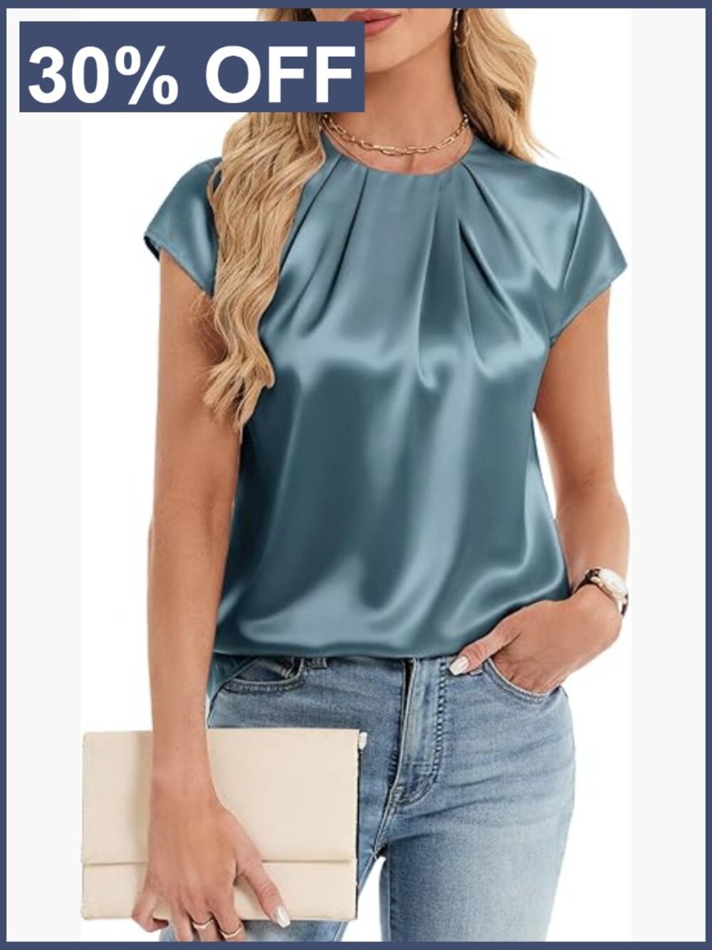 Womens Silk Satin Blouse Cap Short Sleeve Crew Neck Pleated Work Tops